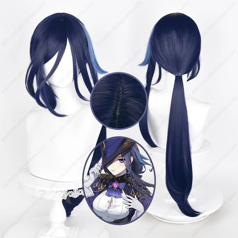 Rambut palsu Cosplay cloringe 80cm Wig highlight biru panjang Wig sintetis tahan panas pesta Halloween