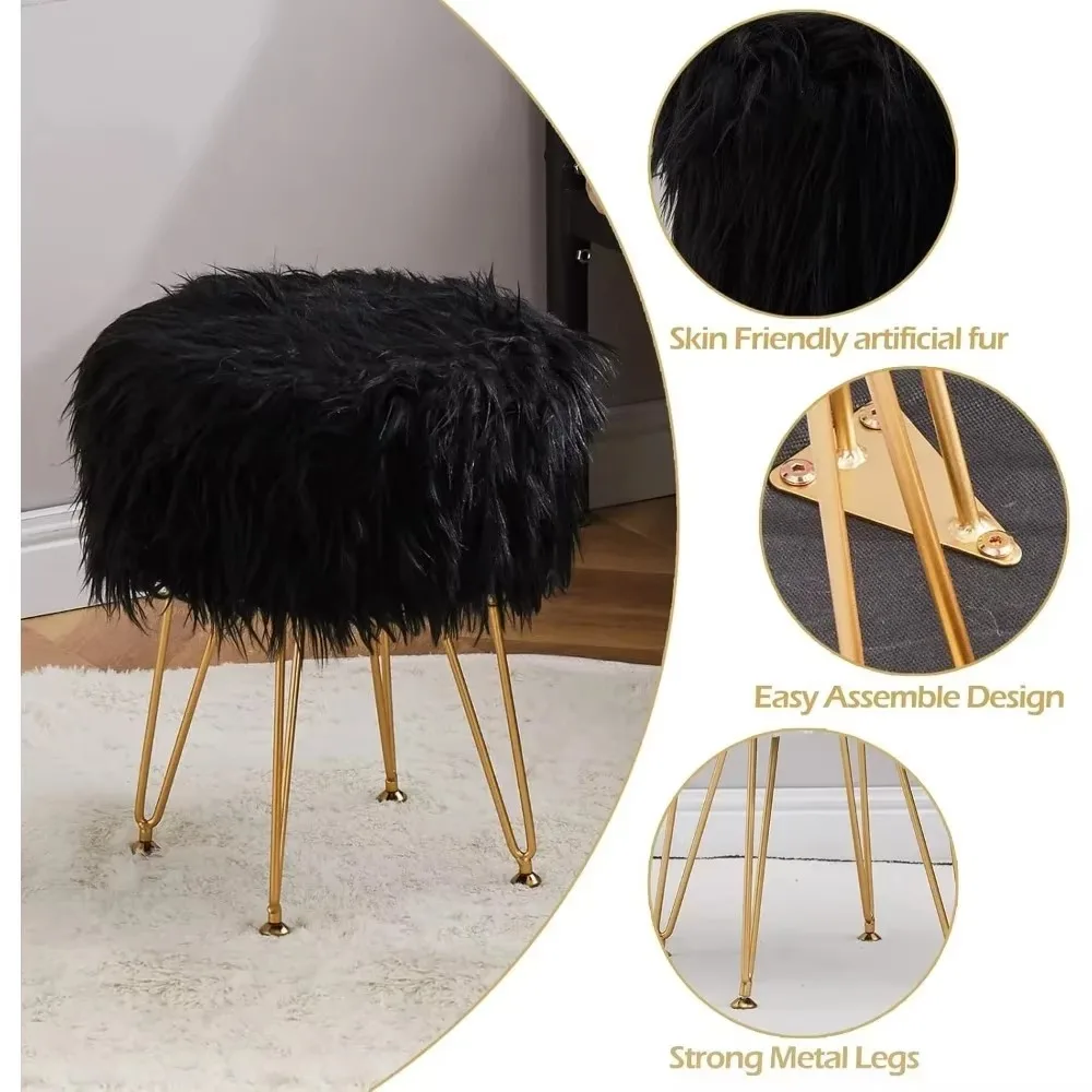 Storage Footstool Round Furry Dressing Stool Marble Cereal Tray Coffee Table Compact Footstool with 4 Metal Legs Footstool