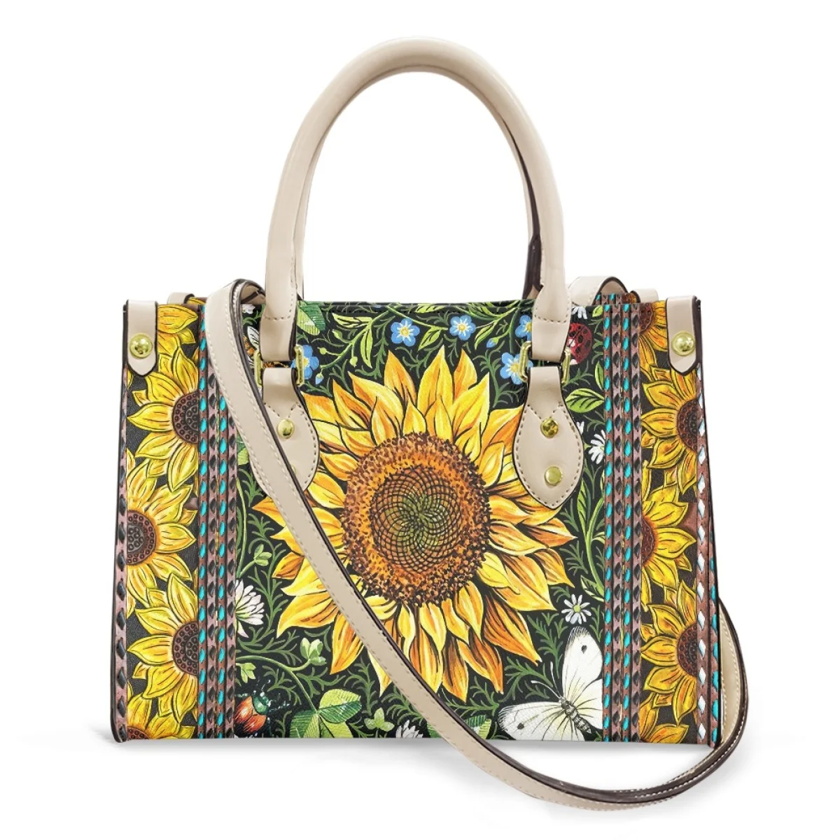 Thanksgiving Gift Custom Tote Bags for Women Ladies Sunflower Pattern New Stylish Leather Shoulder Bag Female Flowers Clutch Hot