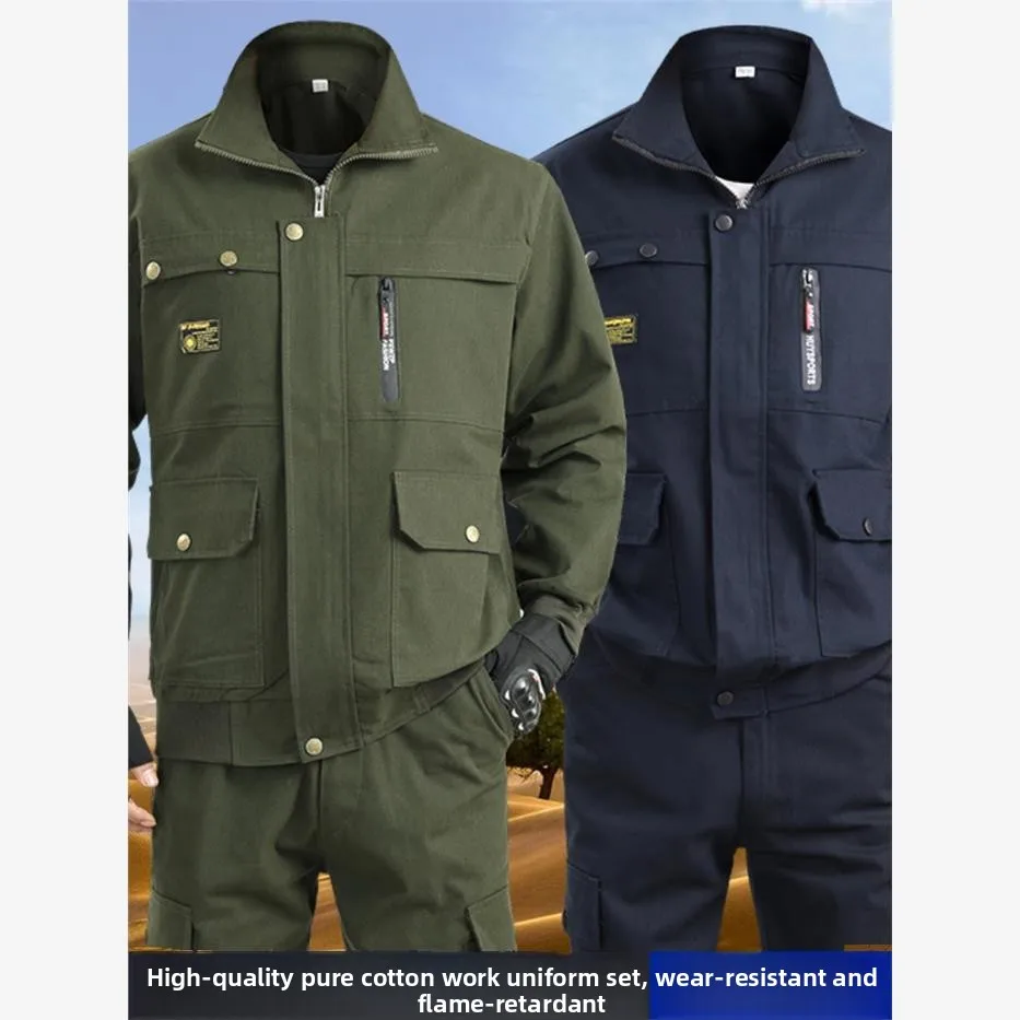 純綿作業服セット メンズ 耐熱Wワークウェア 耐久性のある労働保護スーツ 春秋用作業着