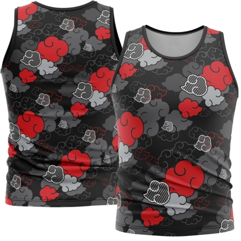 2026 New Naruto Akatsuki Crimson Cloud Print Vest, Black and Red Color-Blocked Sleeveless Sports Top, Unisex Breathable T-Shirt
