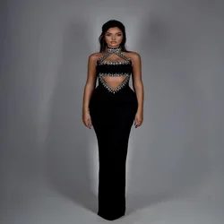 Chic Women's Clothing Sexy Hollow Backless Neck-Mounted Luxury Diamonds Decoration Sleeveless Celebrity Vestidos Black Bandage D