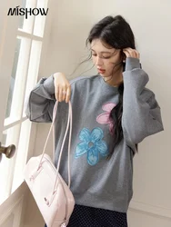 MISHOW Basic Pullover Sweatshirt Women 2024 O-Neck Loose Long Sleeve Sweater Casual Korean Grey Flower Printed Tops MXD48V0113