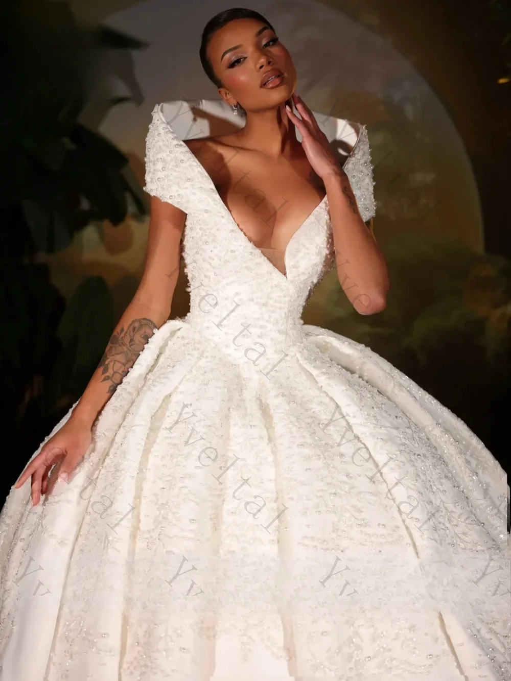 Customized Elegant Dignified Temperament White Fully Beaded Pearls Wedding Dresses Charming Satin Deep V-neck Bridal Gowns