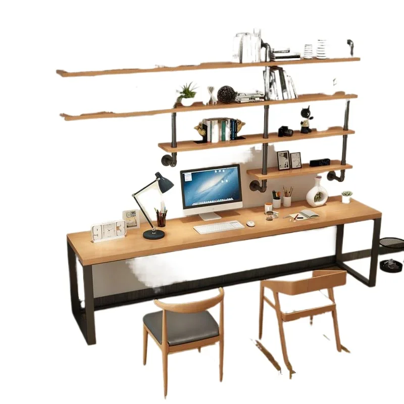 wood desk bookshelf combination, double wrought iron computer desk, household simple bookcase, desk integrated table cabinet