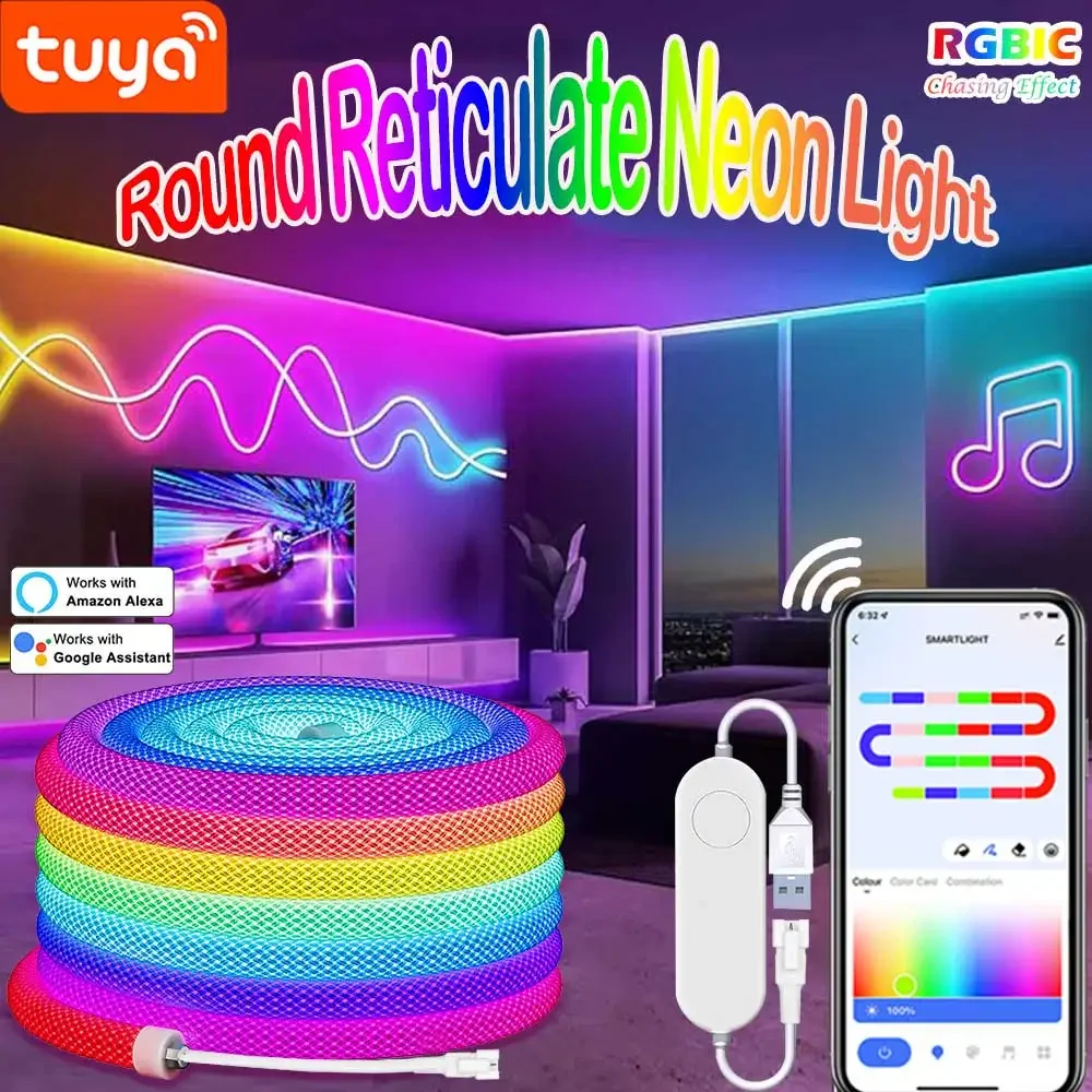 Tuya okrągłe siatkowe światło neonowe 5 V RGBIC taśma neonowa Tuya Wifi pilot aplikacji LED Smart IP67 360 °   Okrągłe 50 diod LED/m Światła