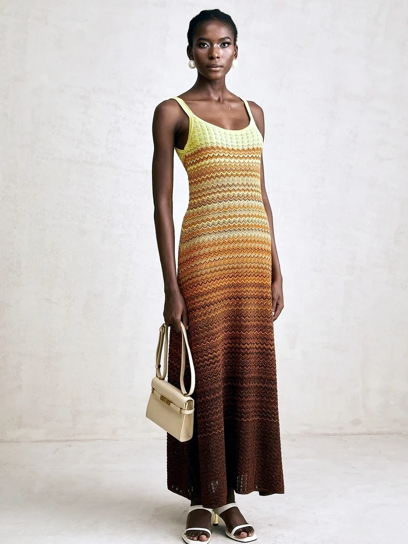 تصميم علامة تجارية فاخرة للسيدات أنيق بوهو ترتر ذهبي أفريقي ماكسي بدون أكمام للحفلات المسائية والعطلات ملابس نسائية محبوكة