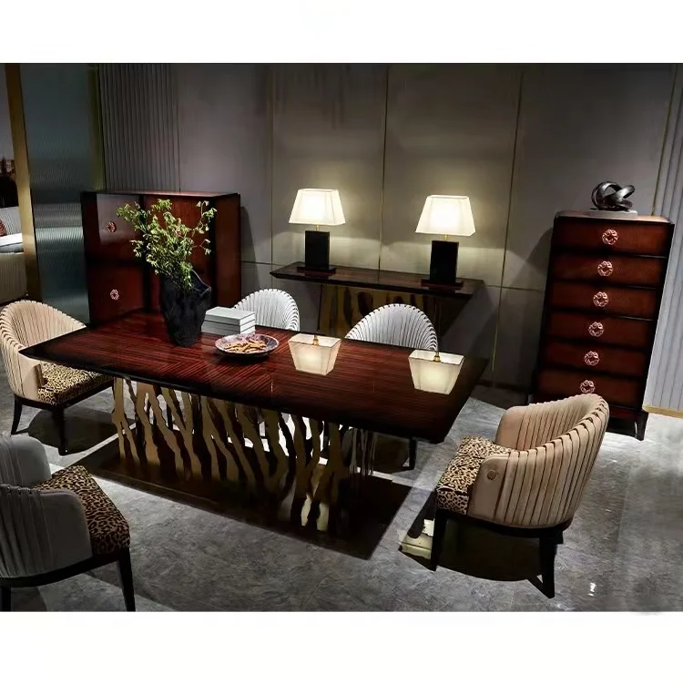 hj-Italian Luxury High Glossy Natural Wood Veneer Top Dining Room Furniture Set Stainless Steel Trim Dining Table%