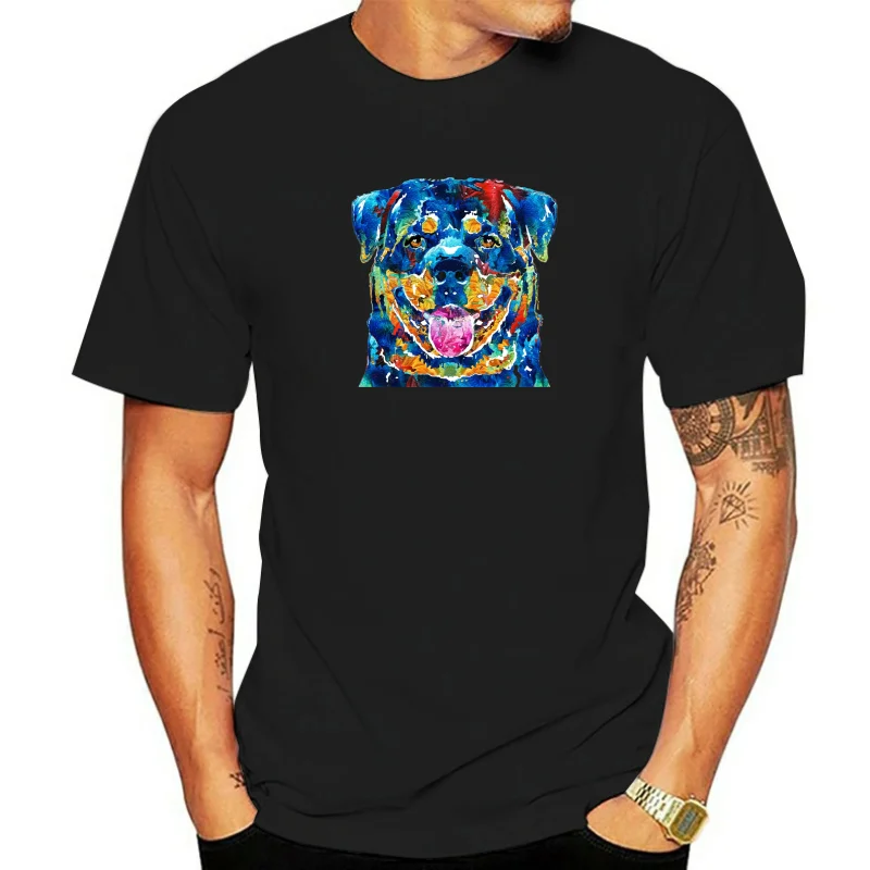 round neck cool  man's T-shirt colorful rottie art rottweiler by sharon cummings  Fashion Printed men's T-Shirt Short Sleeve