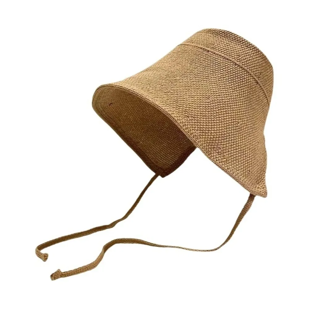 Big Wide Brim Linen Straw Bonnets Adjustable Straps Geometric Pattern Wide Brim Sun Hat Lace Up Closure Round Top