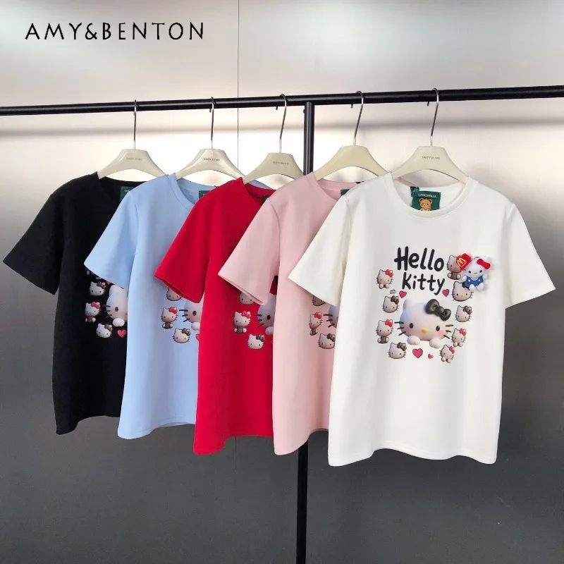 

Autumn New Korean Style Cute Age-Reducing Cartoon Print Tees Fashion Versatile Pure Cotton O-Neck Short Sleeves Tshirt For Women