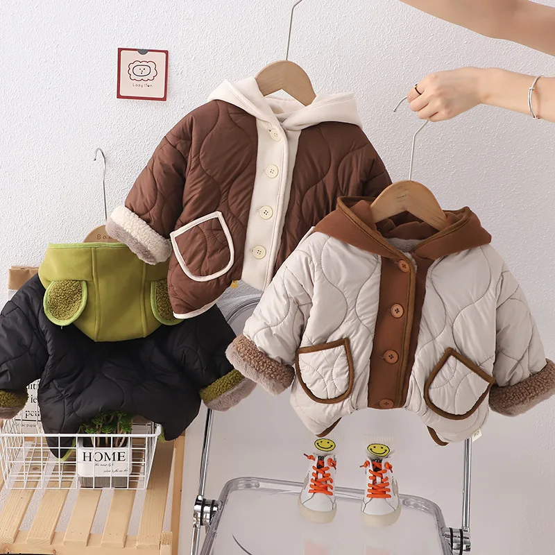 

Kids Thickened Cotton Jacket Winter Toddler Fleece Overcoat Boys Girls Plus Velvet Warm Outerwear Children Hooded Fashion Coat
