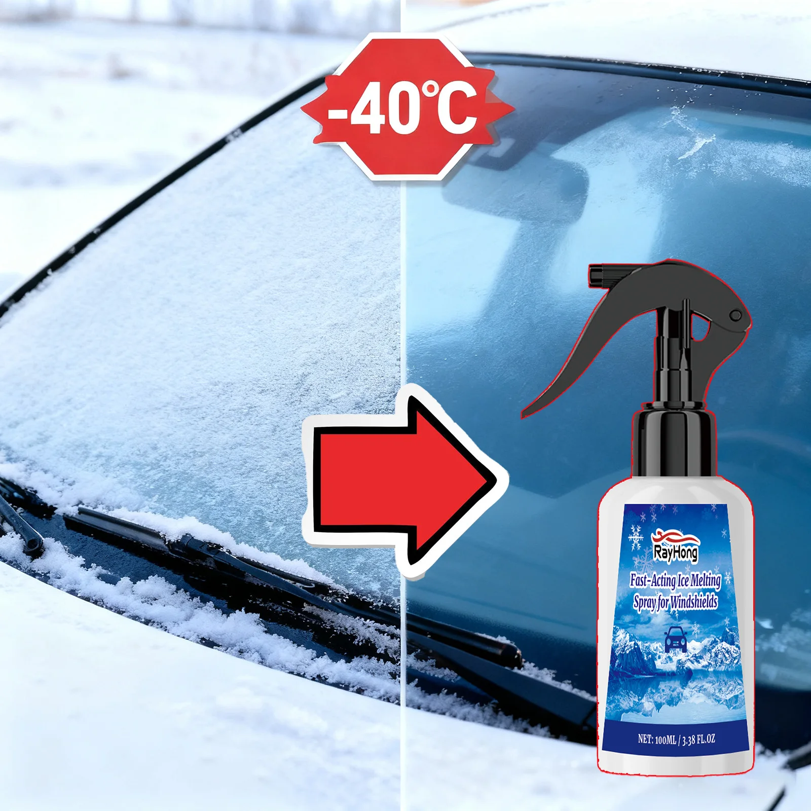 Fast Acting Car Deicer Spray Windshield Ice & Snow Remover Anti-Fog Defroster for Winter Restore Clear Vision for Glass & Wipers