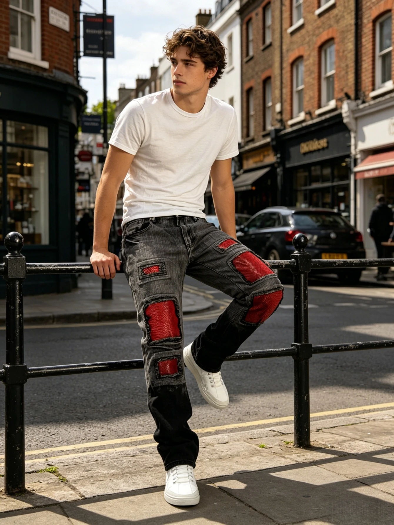 Men's stretch flared jeans, flared slim-fit jeans, trendy patchwork style jeans