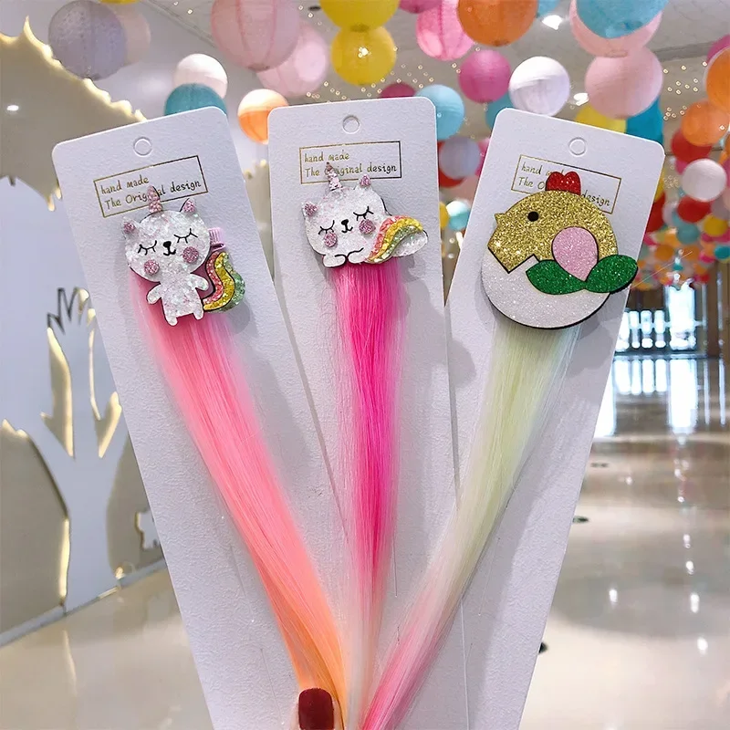 

Baby Cute Cartoon Unicorn Cat Hair Clips Barrettes Korean Colorful Wig Girls Hairclip Fake Twist Braid Headdress Accessories