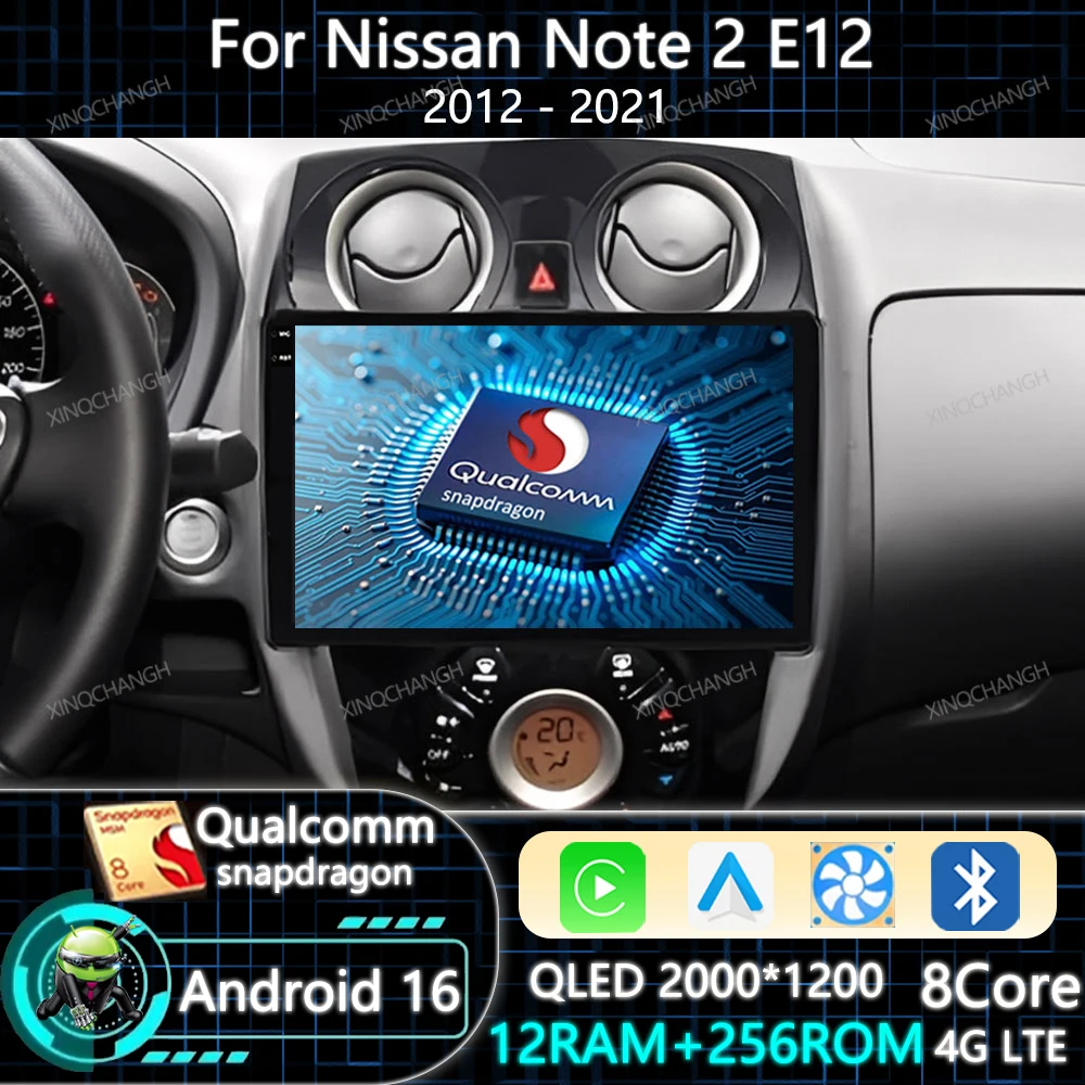 Android 16 Car Radio Carplay Auto For Nissan Note 2 E12 2012 - 2021 QLED BT Multimedia Video Player 4G WIFI Qualcomm Head Unit