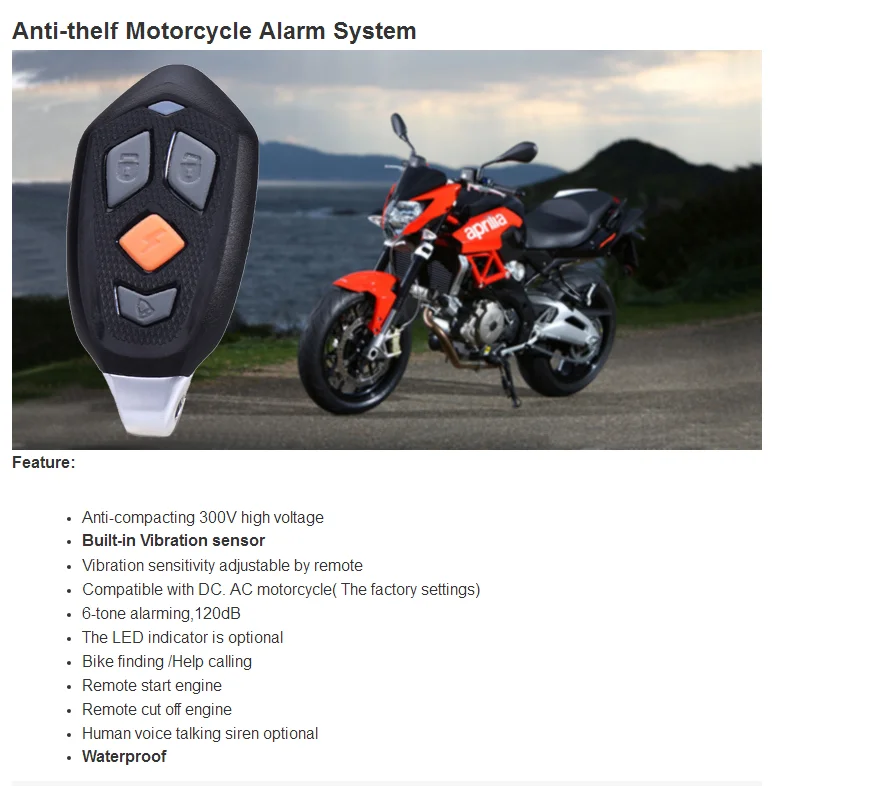 IPX6 SPY remote Start & stop engine built-in vibration sensor 1-Way Motorcycle Burglar Alarm LED flashing & 120dB alarm horn