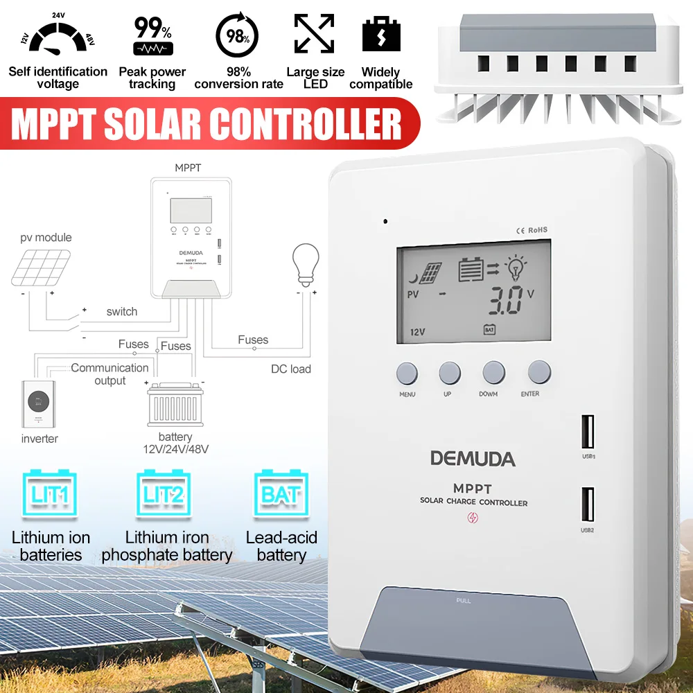 MPPT Solar Charge Controller 12V 24V 48V Battery Charge Intelligent Regulator for Lead Acid Lithium LiFePO4 Battery