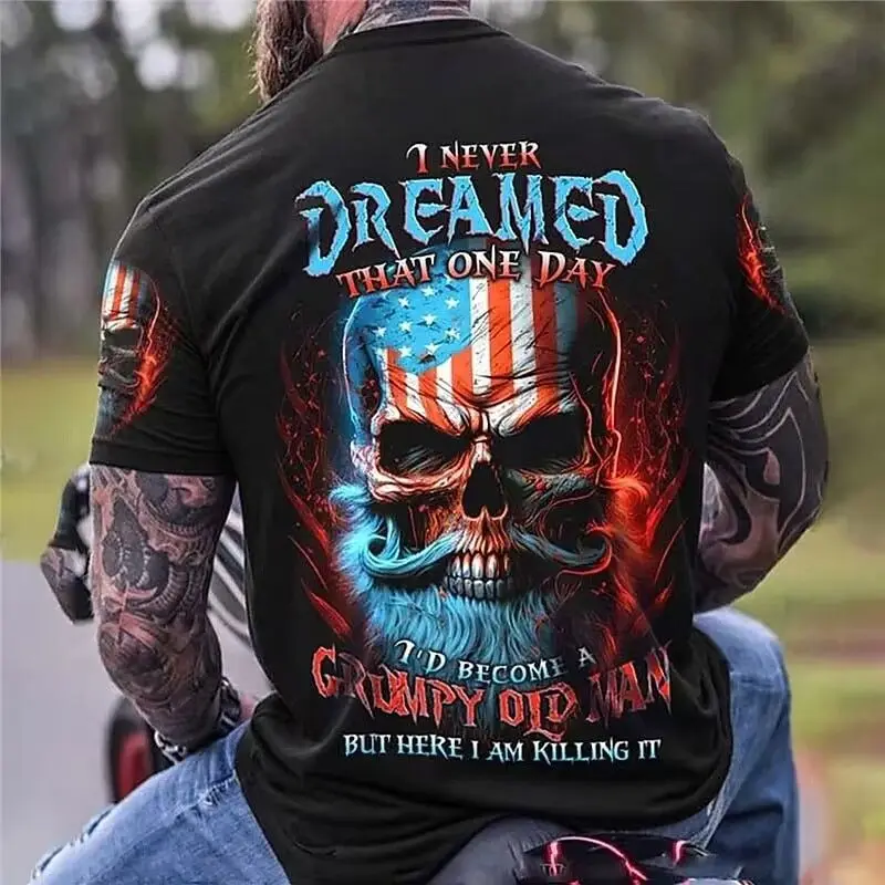 Family Matching Crew Neck T Shirts Skull Beard Flag Pattern Front Print Black Short Sleeve Vintage Motorcycle Streetwear Casual