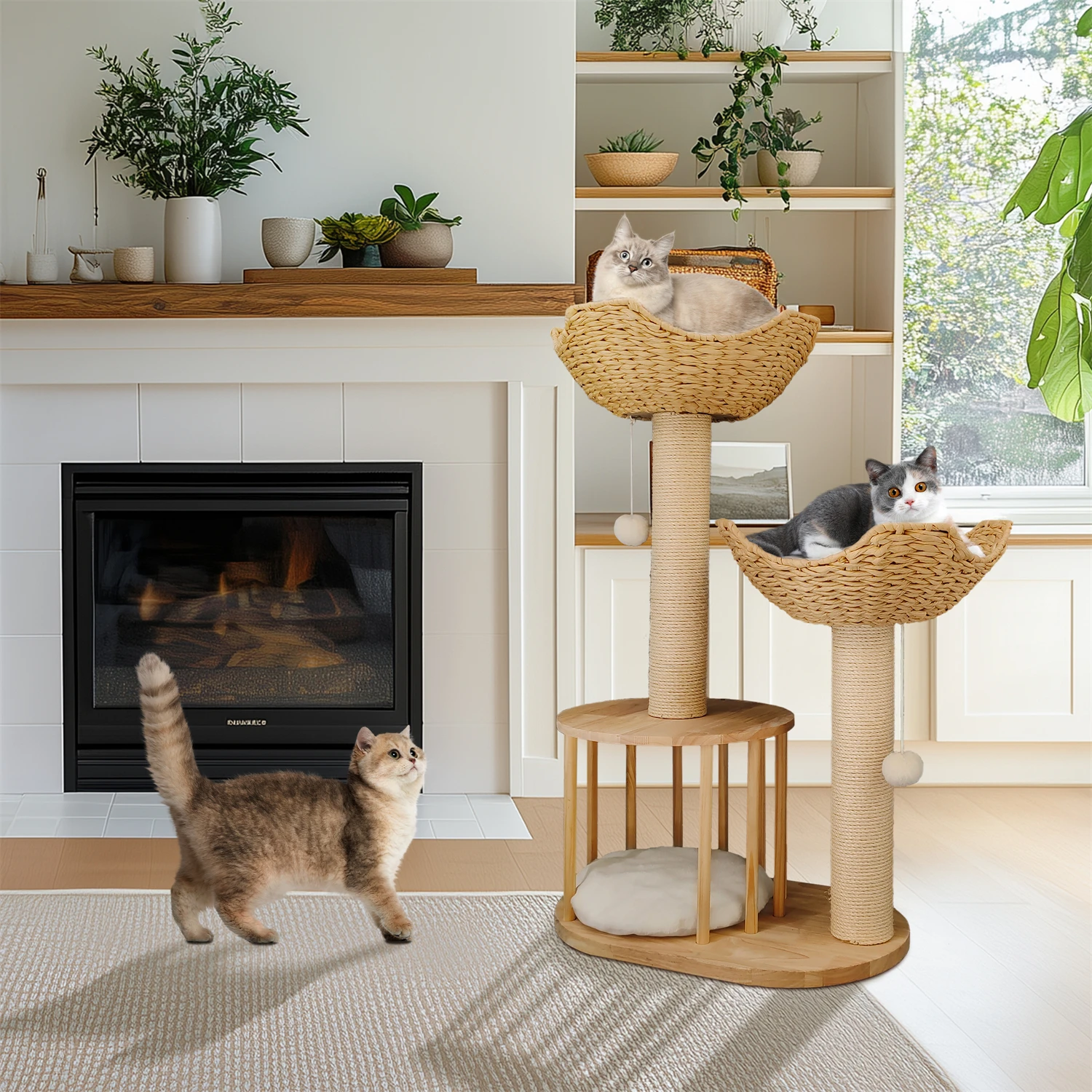 99CM Tall Multilevel Cat Tree Activity Tower Center with Plush Cushion Dangling Ball Baskets Condo Scratching Post for Indoor
