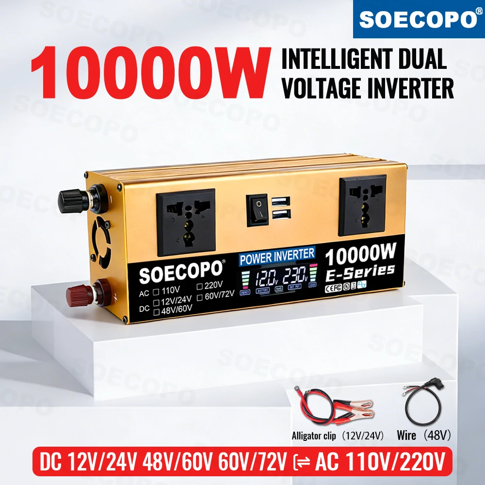 10000W Power Inverter 12V24V/48V/60V/60V72V 220V Run Refrigerator/Washing Machine with 2 AC Outlets for Solar System, Workshops