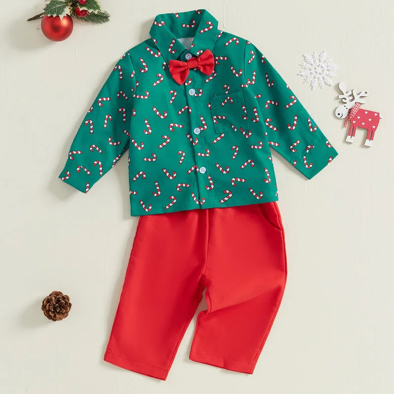 

6 Months to 4 Years Christmas Toddler Boy Pant Sets Candy Cane Print Bow Tie Long Sleeve Lapel Neck Shirt Pants Outfits