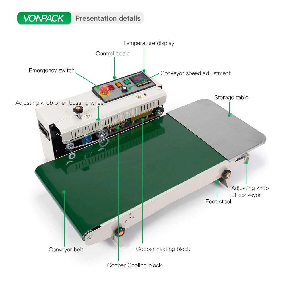 FR-770  Wider  spray Conveyor Heating Sealer Continuous Plastic Bag Sealing Machine