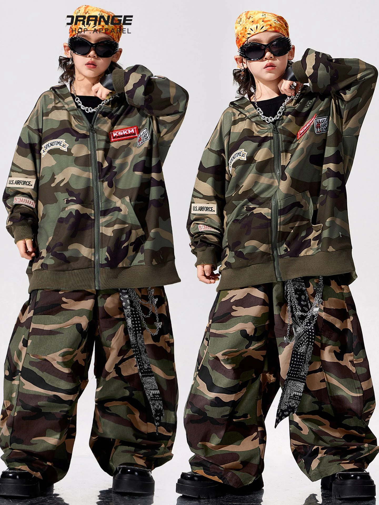 2026 Boys Baggy Hip Hop Clothes Camouflage Suit Hooded Coat Pants Children Street Dance Outfit Drum Performance Costumes BL18164