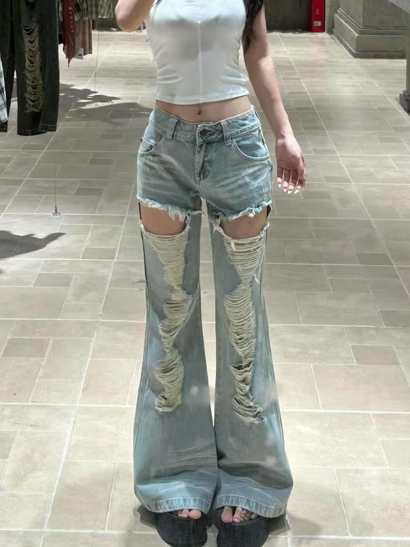 

Retro American Washed Denim Jeans Summer New Style Spicy Girl Slim Loose Slimming Wide Leg Floor-Length Pants