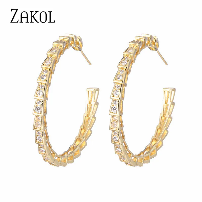 ZAKOL-Anillo de diseño de circón completo para mujer, pendientes en forma de C de hueso de serpiente, exquisita moda, fiesta de lujo, joyería encantadora