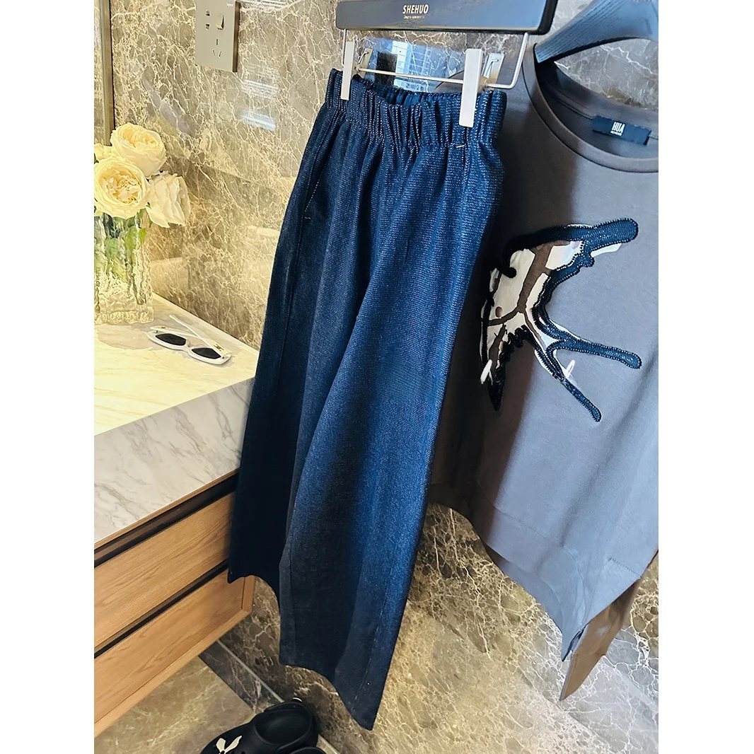 

Винтажные женские джинсы свободного кроя с прямыми штанинами, эластичным поясом, длиной 7/8, темно-синие, с энзимной обработкой