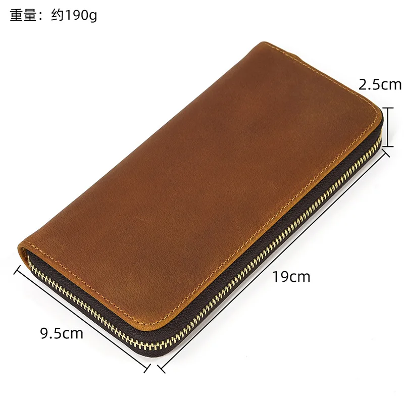 Top Grain Cowhide Long Zipper Purse, Mens Crazy Horse Leather 4 Layers Multi Card Holder Handbag Coin Pocket Wallet