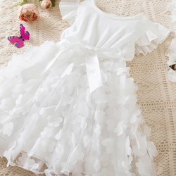 2024 New Summer Dress for Baby Girls 2-6 Years 3D Flower Fly Sleeves Kids Birthday Princess Dress Elegant Wedding Party Dress