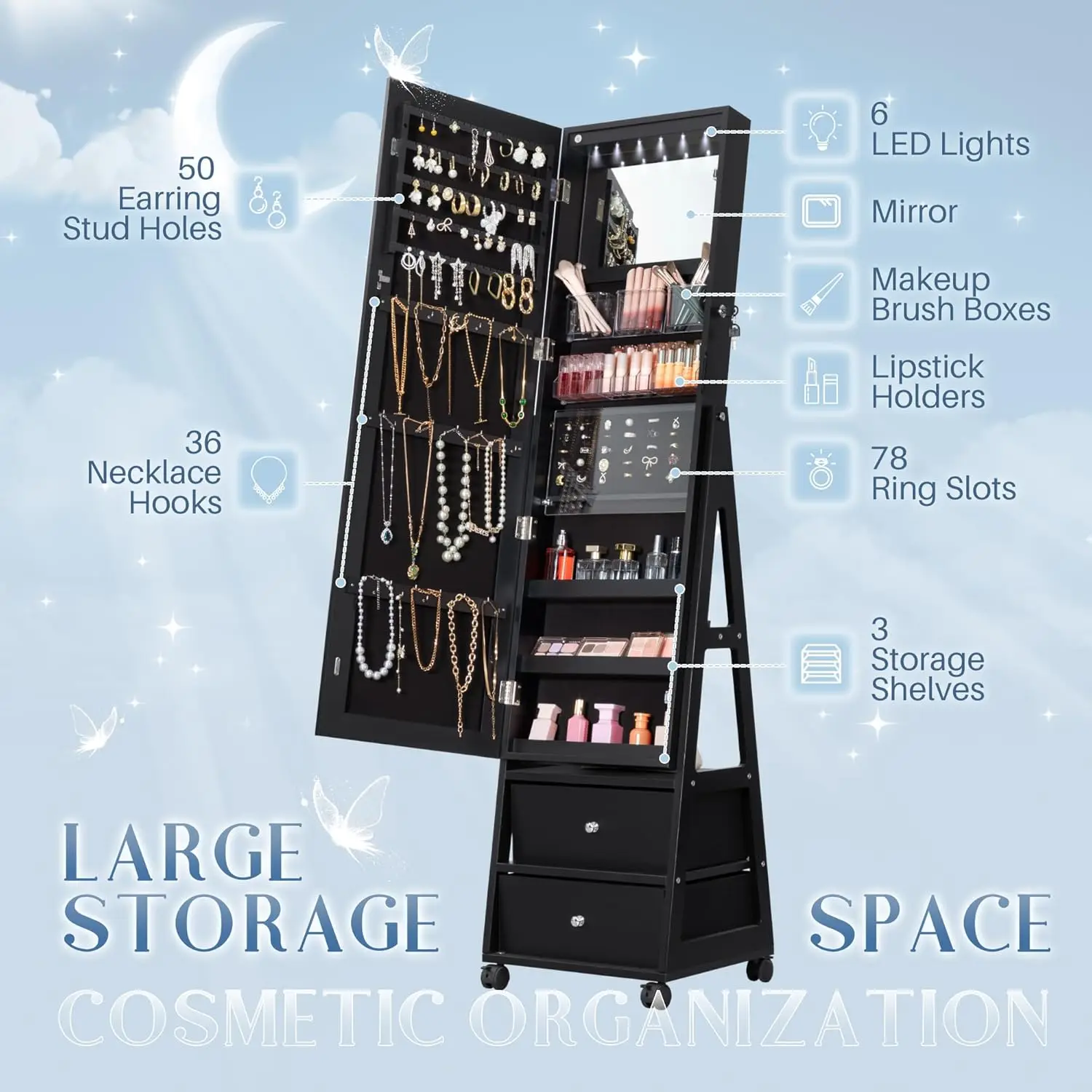 360° Swivel Mirror Jewelry Cabinet with Lights, Full Length Mirror Jewelry Armoire Organizer, Standing Lockable Jewelry Cabinet