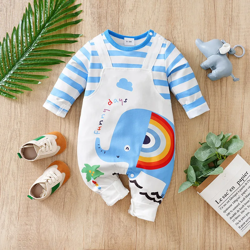 

Детский мультяшный Счастливый Слон/Жираф узор поддельные два повседневные полосатые комбинезоны с длинными рукавами для малышей и маленьких мальчиков