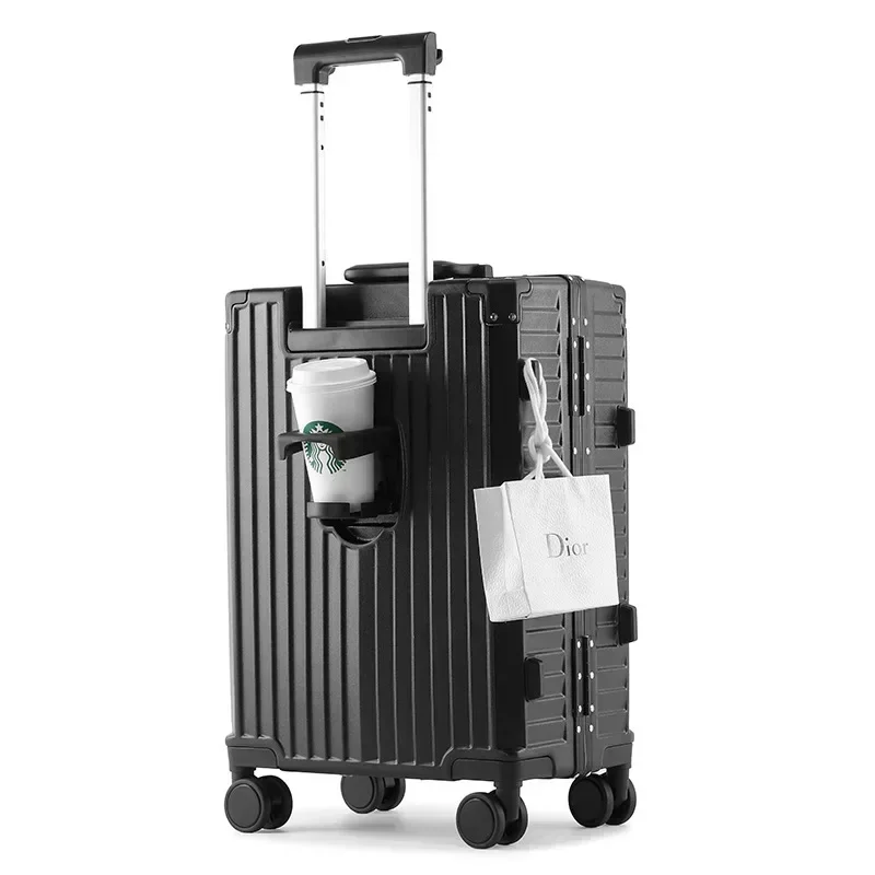 Aluminum Frame Suitcase Trolley Box Multifunctional Front Open Lid Travel Box Universal Wheel Luggage Folding Cup Holder 20 inch