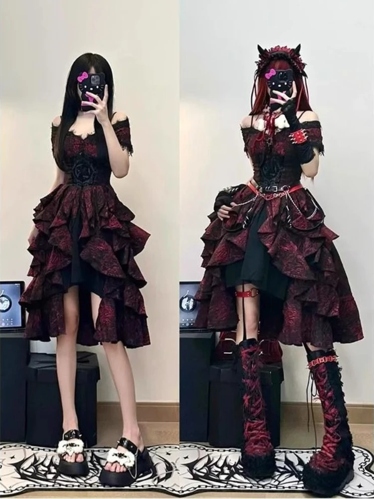 Gothic Lolita Dress Sexy Black Red Printed Studded Chain Off Shoulder Tiered Ruffle Slim Fit Women Girls Party Cosplay Clubwear - view 5