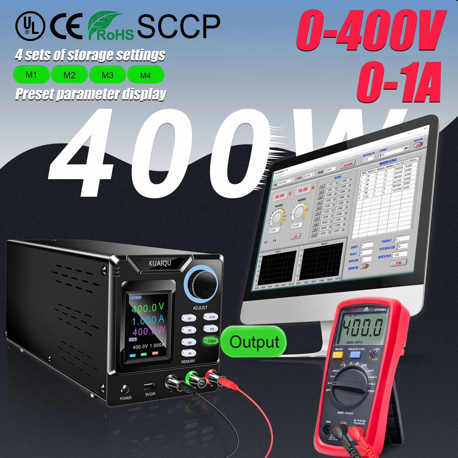 Hochspannungs-400V-1A-Programmierbarer Solar-Wechselrichter-Teststromversorgung, einstellbar 400W USB RS-232 für MPPT-Controller-Entwicklung
