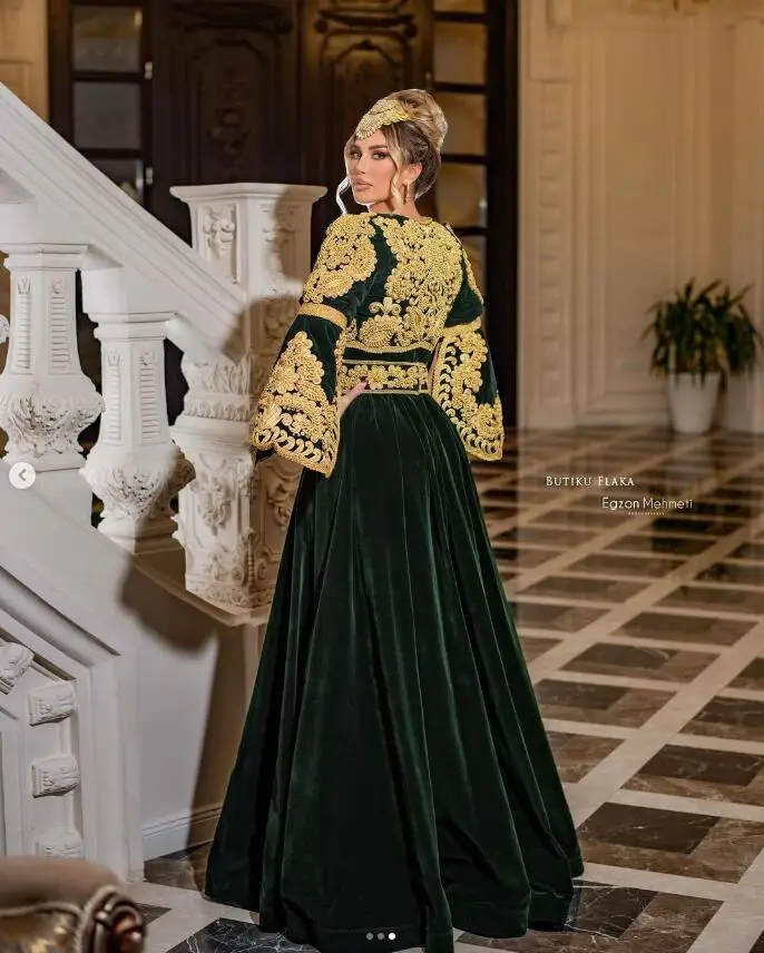 Army Hunter Green Velvet Caftan Evening Formal Dresses with Long Sleeve 2024 Karakou Algerien Prom Dress Moroccan Kaftan