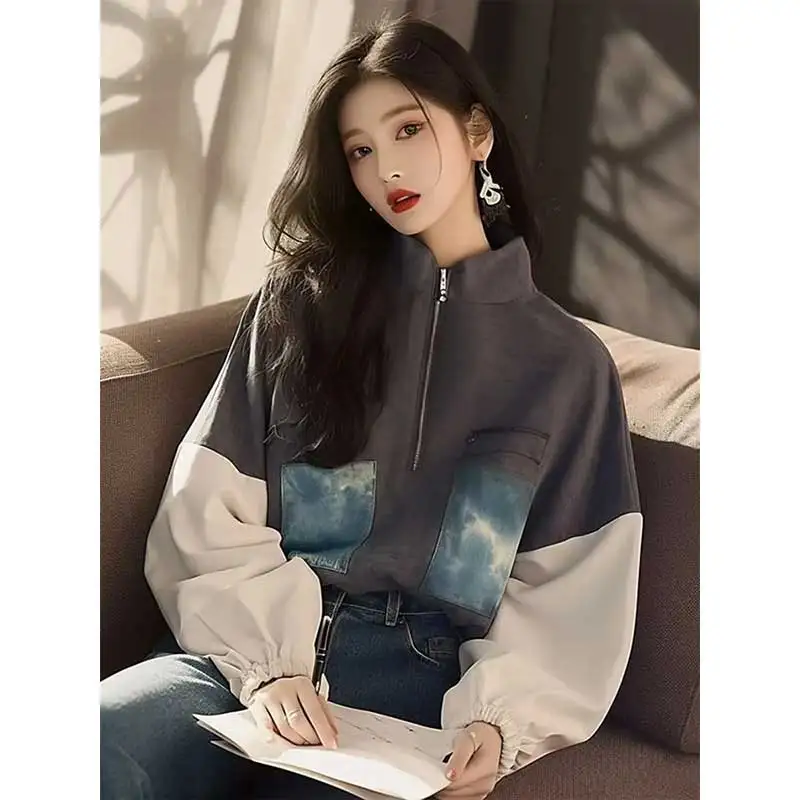 Women Clothing Spring Autumn Casual Korean Zipper Printing Female All-match Fashionable Color Blocking Long Sleeve Sweatshirts T