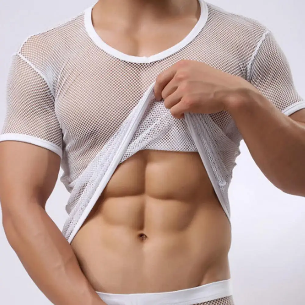 Men Mesh T Shirt Transparent Sexy Men See Through Fashion T-shirt Men Slim Fit Shiny Sexy T Shirt Party Nightclub Blouse Tops
