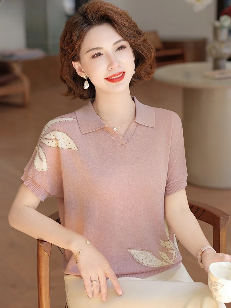 

Летний модный повседневный топ из полиэстера с воротником, свободного кроя, из трикотажа Ice Silk, для мам