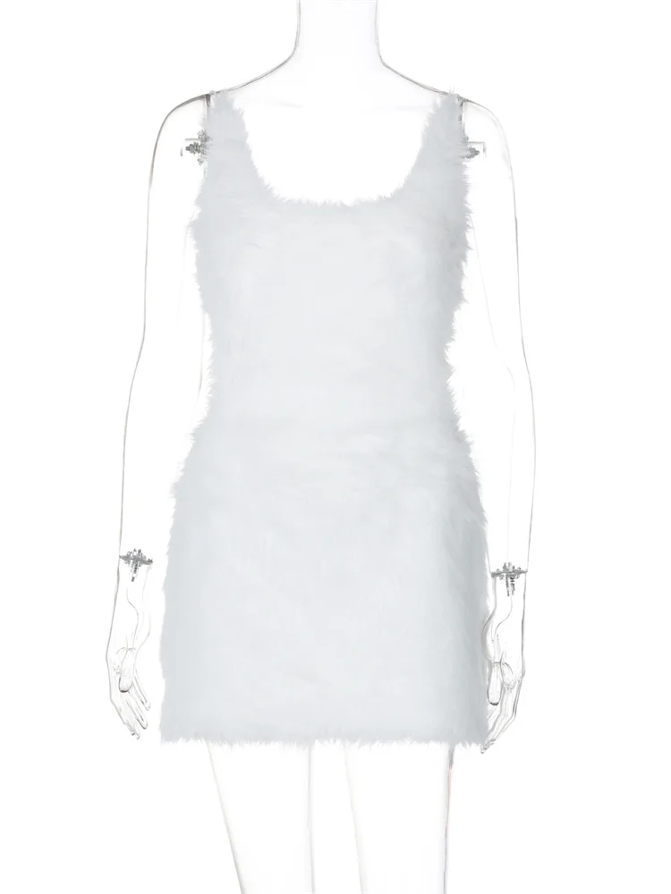 固体毛皮のようなドレスの女性のセクシーなスクエアカラーノースリーブジッパー背中の開いた秋のトレンドエレガントなストリートパーティーミニボディコン