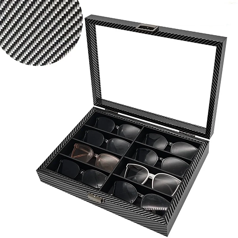 Black Walnut Grain Wooden 8-Position Sunglasses Collection And Display Box, Transparent Flip-Top Glasses Storage Box