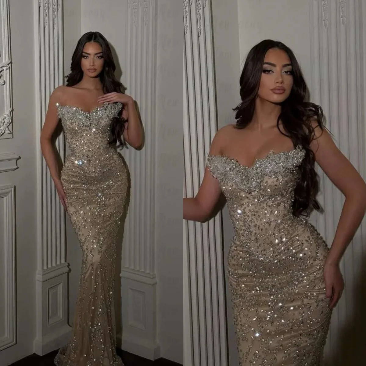 

Luxury Strapless Sequined Prom Dresses Elegant Crystal Appliques Evening Dress Floor Length Sleeveless Party Gown Customized