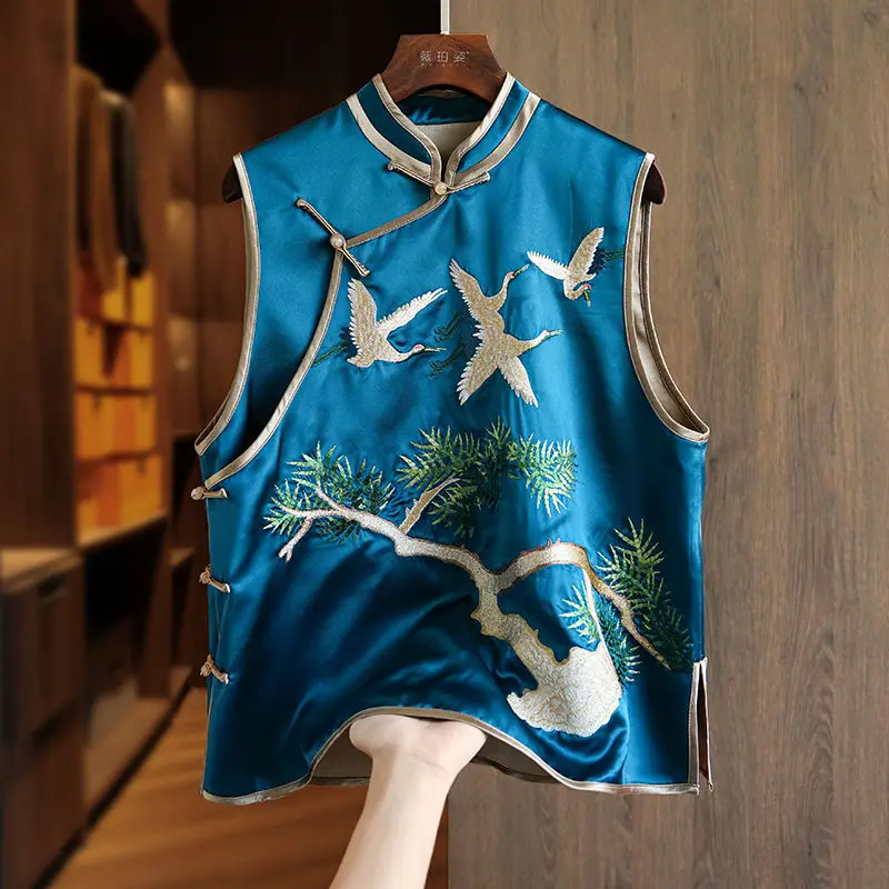 

Атласный шелковый жаккардовый жилет с цветочной вышивкой, женские топы без рукавов в китайском винтажном стиле в стиле ретро, большие размеры