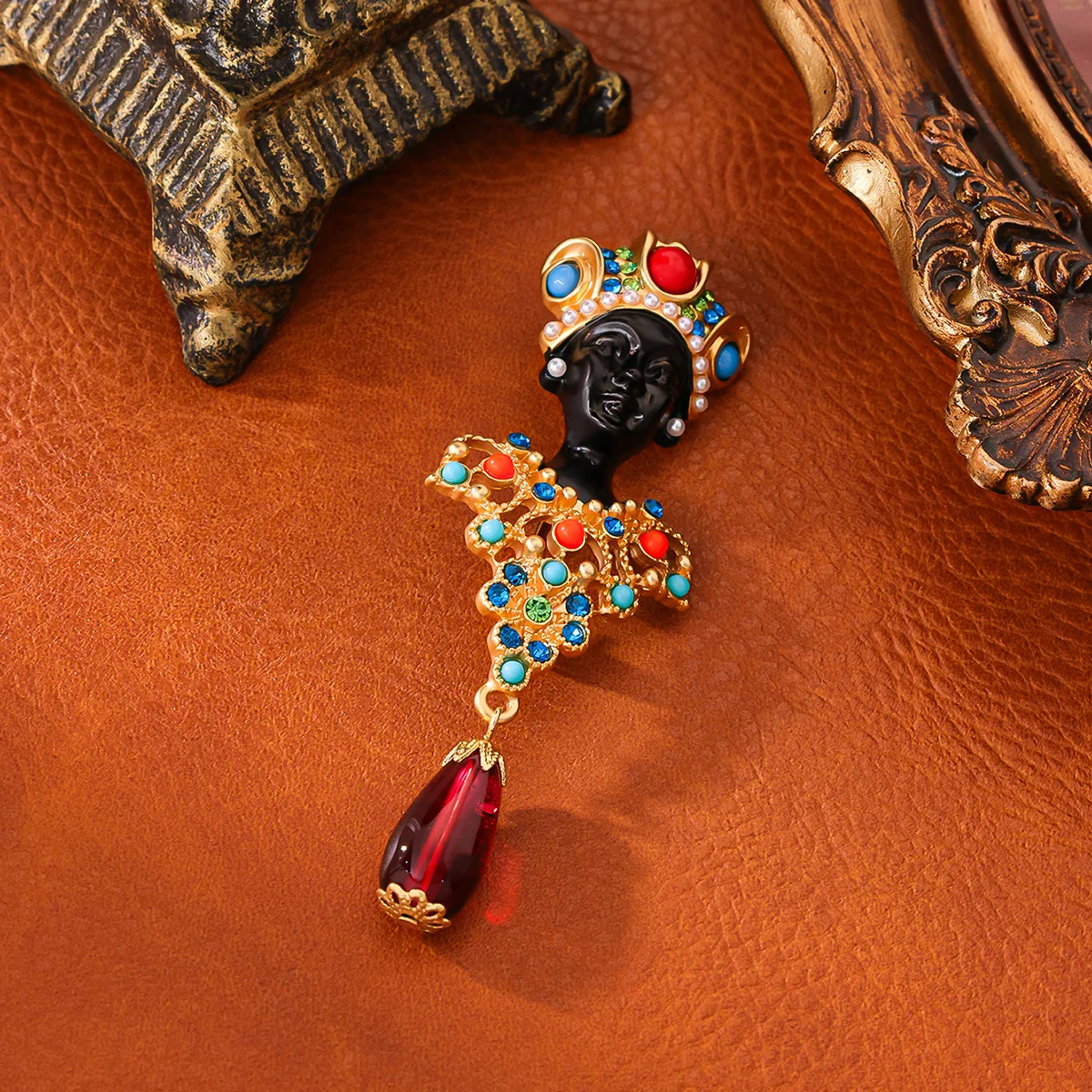 

Egyptian Brooch & Earring Set,Vintage Gold Plated with Colored Glass, Ethnic Statement Jewelry