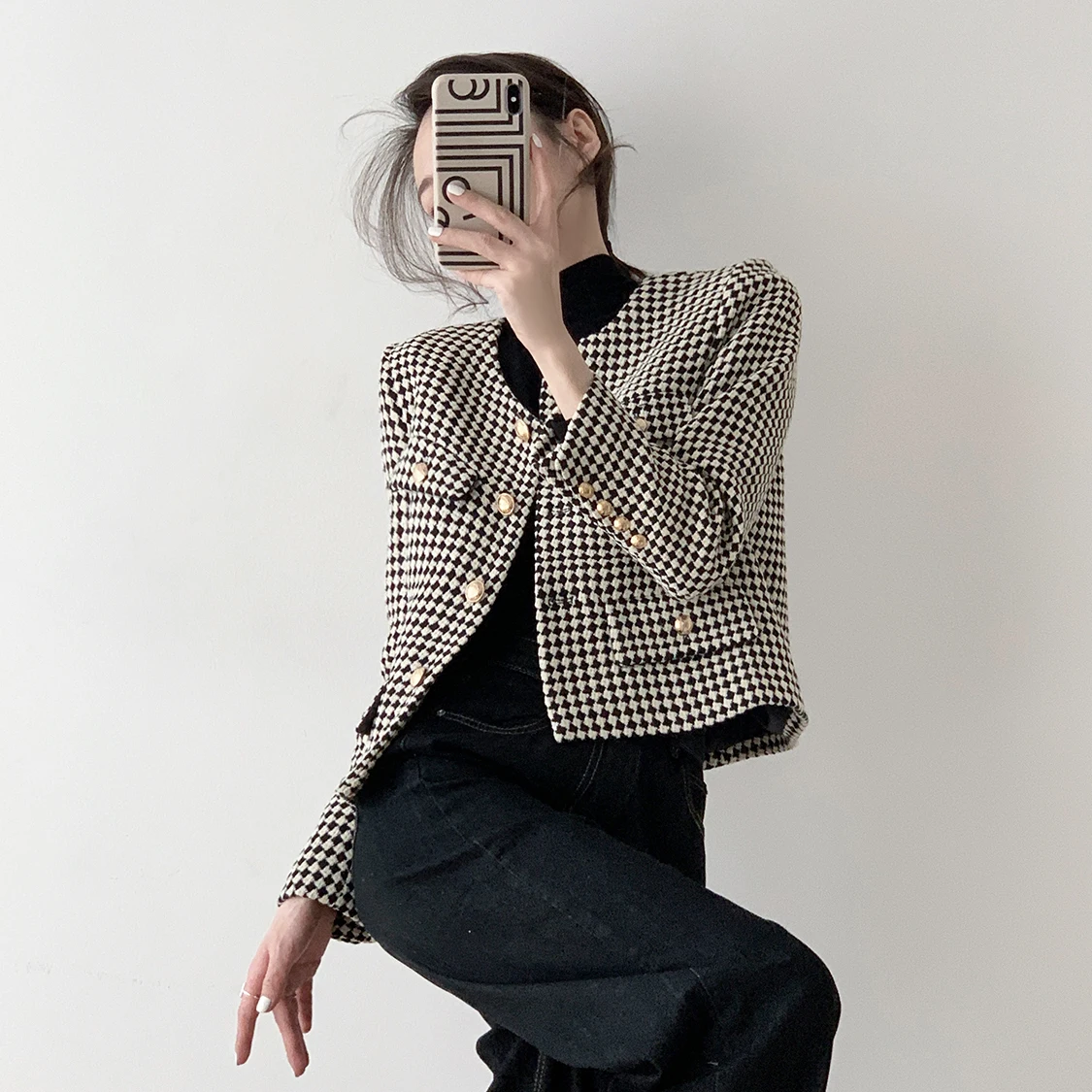 

Spring Autumn Plaid Retro round Ne ort Coat Women Loose Top Design Sense Outerwear Polyester Wool Blend Long Sve