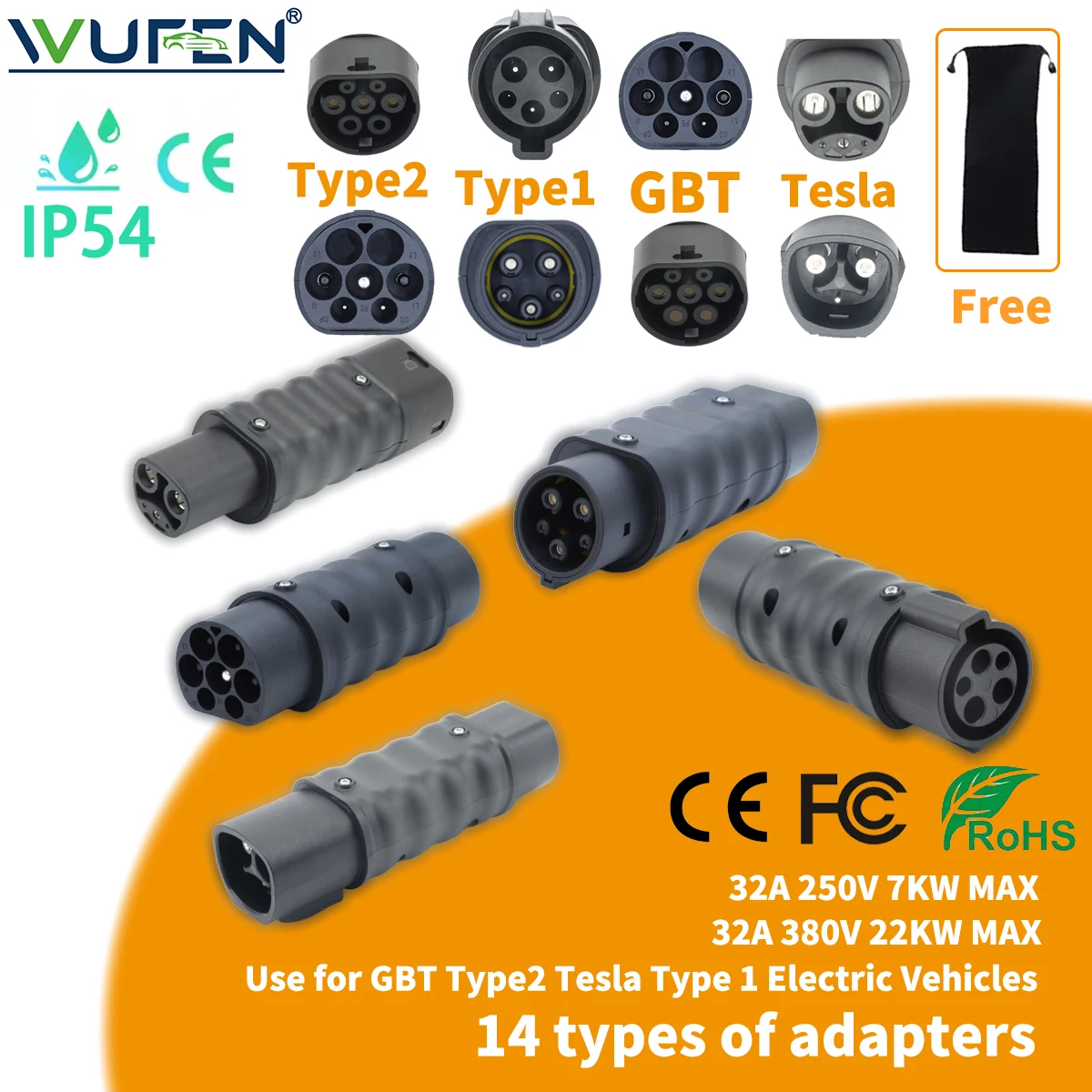 WUFEN 32A NACS GBT EV Charger GBT to Type1/Type2/Tesla Adaptor Tesla to GBT/Type1/Type2 Connector Type1 to GBT Electric Vehicle