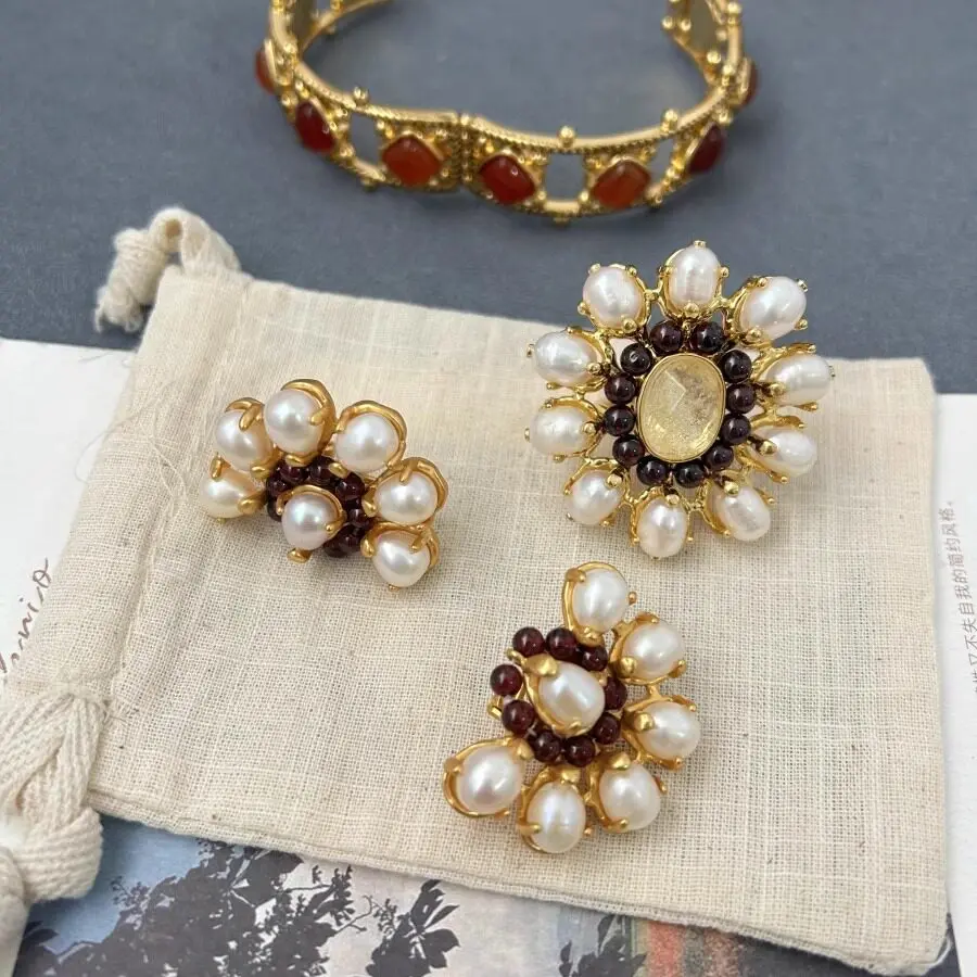 

Europe America Vintage Natural Baroque Pearl Crystal Earrings Ring Women Luxury Jewelry